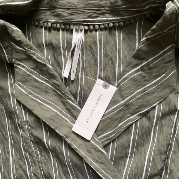 Anthropologie The Dylon Long Sleeve Wide Placket Green Stripe Blouse Women's XXS - Picture 3 of 6